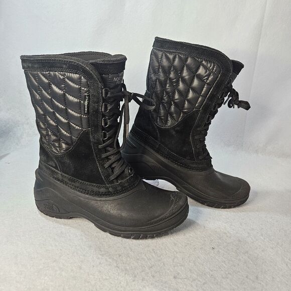 NORTHFACE Snow Boots Black Sz 8.5 Thermoball Leather Lace Up Winter - Picture 1 of 6